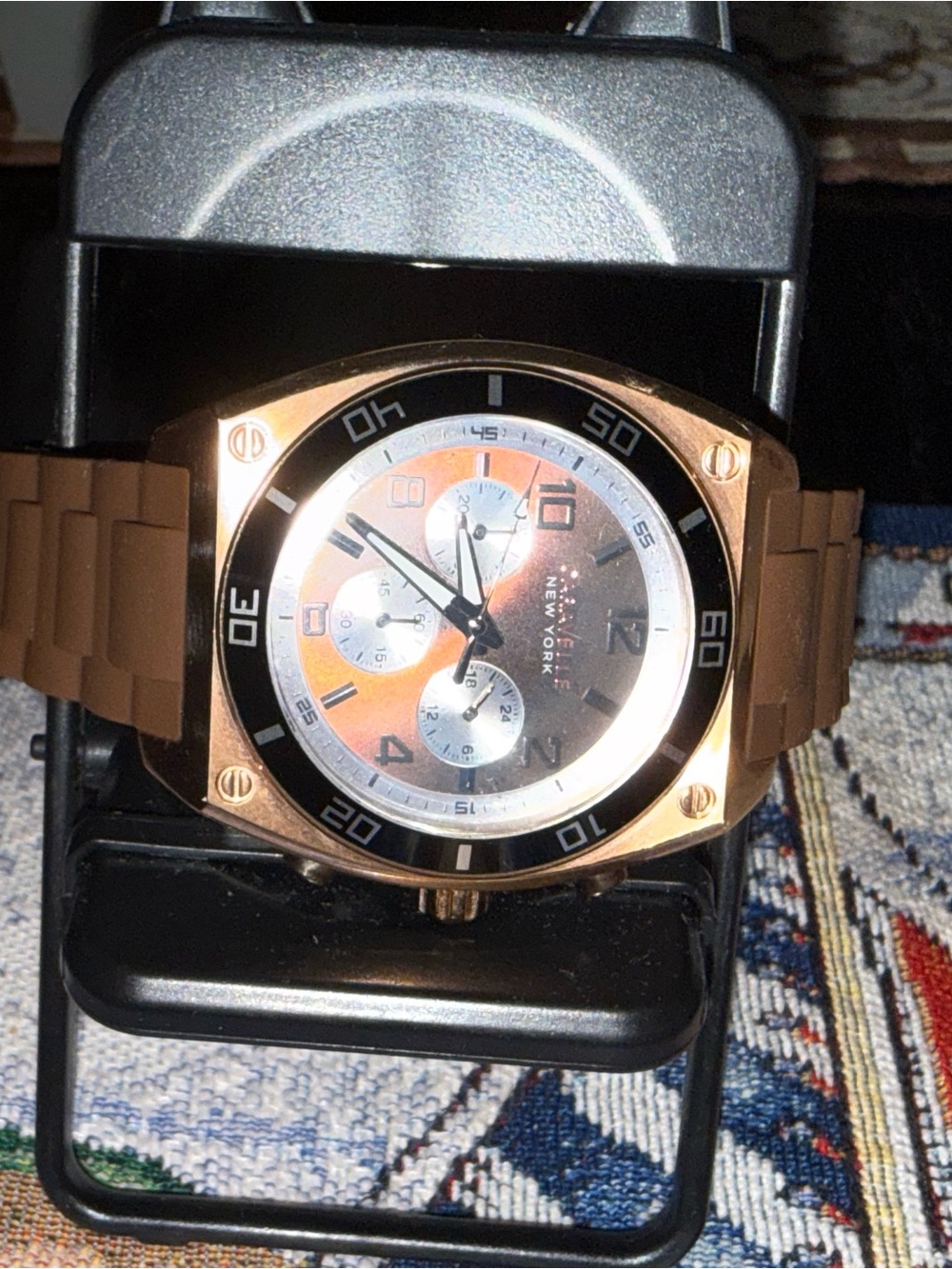 Men's Caravelle Bulova Brown Silicone Strap Watch with Rose Gold Case